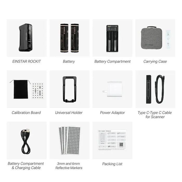 Комплект Einstar Rockit – 3D скенер, батерии, зарядно, адаптер, калибрационна дъска, държач и транспортна кутия