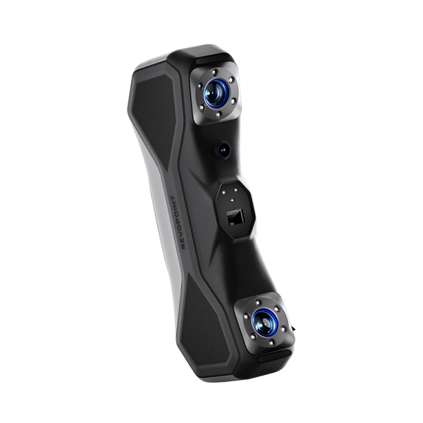 Revopoint MetroX 3D скенер, преден 3/4 изглед, син лазер и ергономичен корпус.
