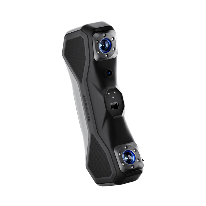 Revopoint MetroX 3D скенер, преден 3/4 изглед, син лазер и ергономичен корпус.
