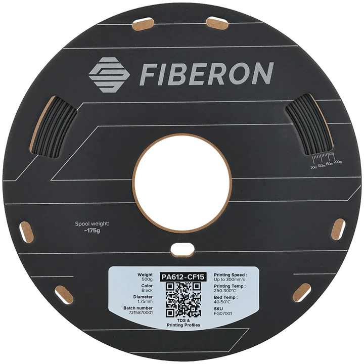 Страничен изглед на ролка филамент за 3D принтер Polymaker Fiberon™ PA612-CF15, черен