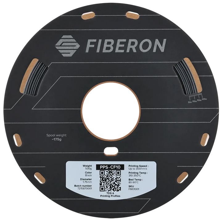 Polymaker Fiberon™ PPS-CF10 филамент, черен, изглед на макара отпред