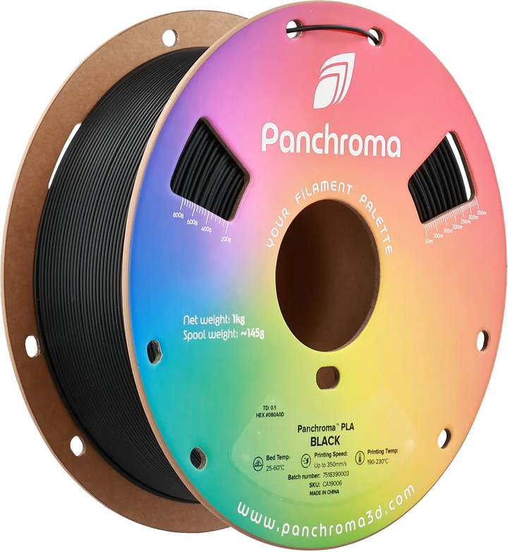 Макара черен Panchroma PLA Basic 1 kg за 3D принтер, близък изглед на шпулата и дъгата цветен етикет