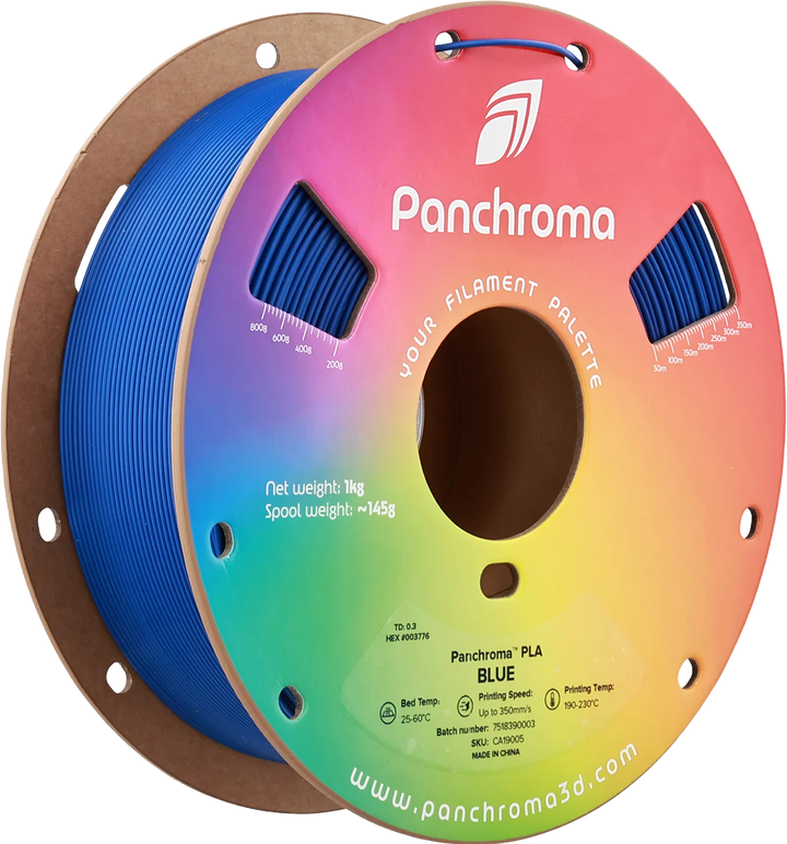 Макара син Panchroma PLA Basic 1 kg за 3D принтер, фронтален изглед с ясно видим логотип Panchroma