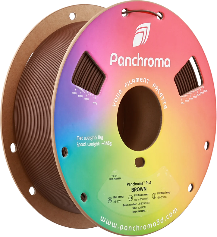 Макара кафяв Panchroma PLA Basic 1 kg за 3D принтер, цветен диск и прозорец за контрол на оставащия филамент