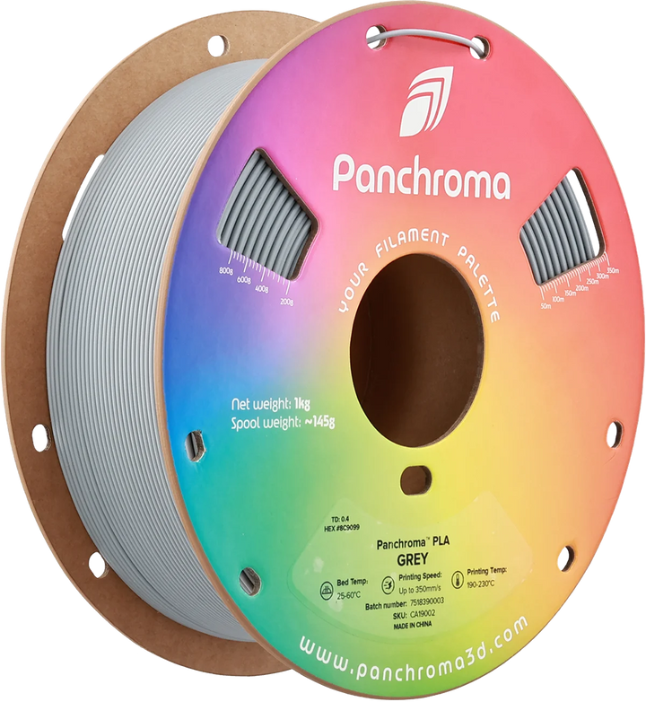 Макара сив Panchroma PLA Basic 1 kg за 3D принтер, фронтален изглед с градиентен етикет 