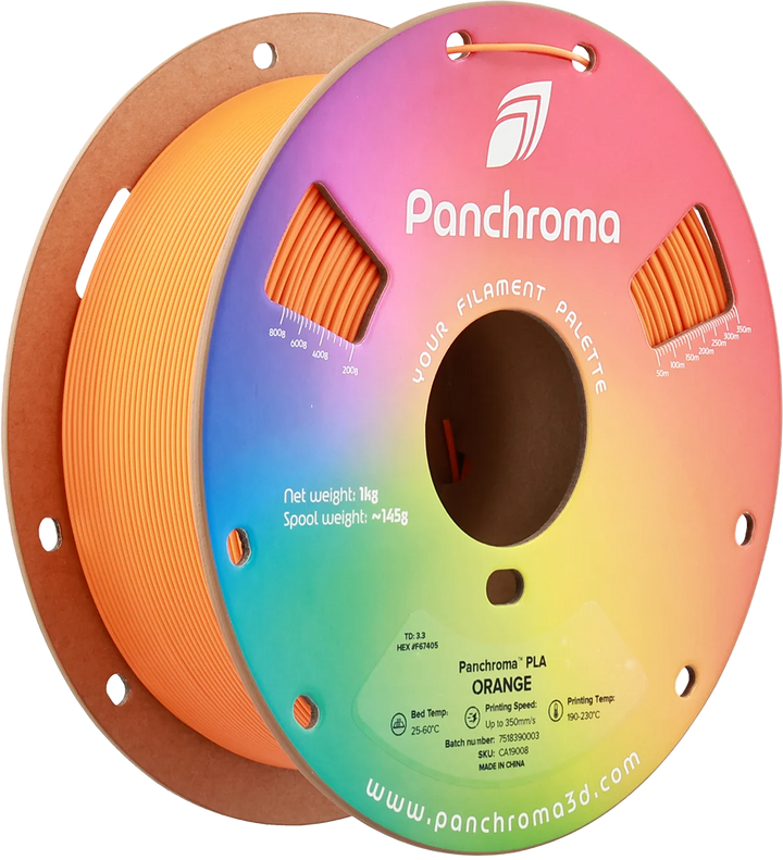 Макара оранжев Panchroma PLA Basic 1 kg за 3D принтер, цветен етикет с указани скорости до 350 mm/s