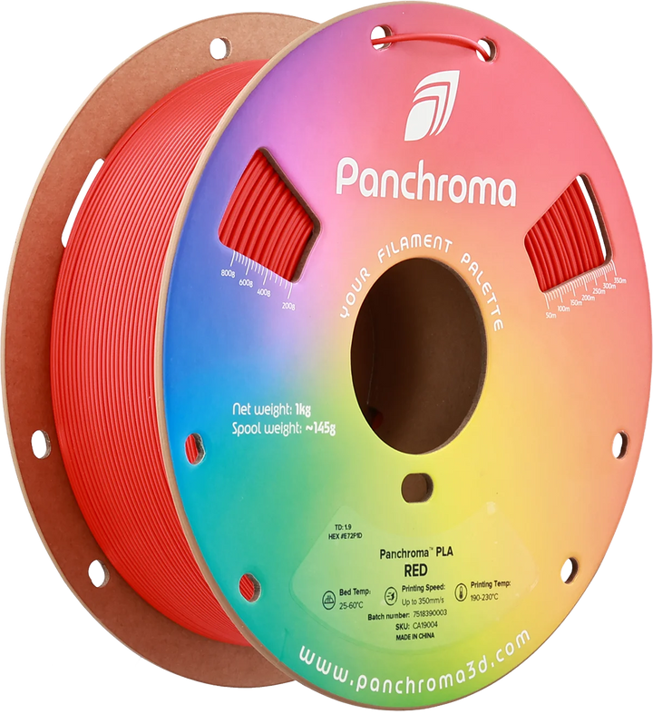 Макара червен Panchroma PLA Basic 1 kg за 3D принтер, фронтален изглед с прозорци за следене на количеството филамент