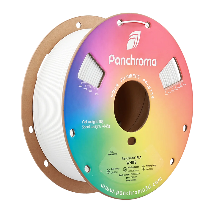 Макара бял Panchroma PLA Basic 1 kg за 3D принтер, фронтален изглед с ясно видими нетно тегло и температури за печат