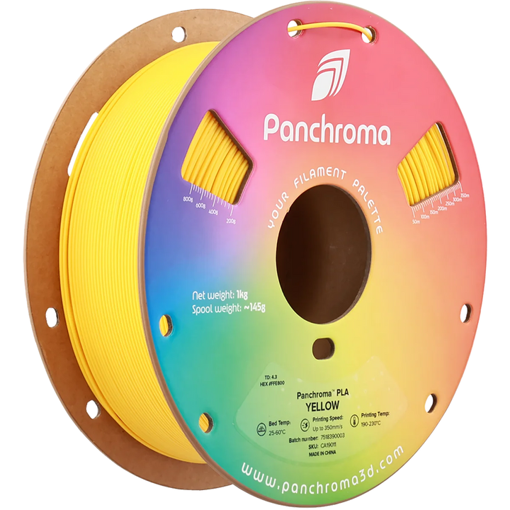 Макара жълт Panchroma PLA Basic 1 kg за 3D принтер, фронтален изглед на шпулата с градуирани прозорци